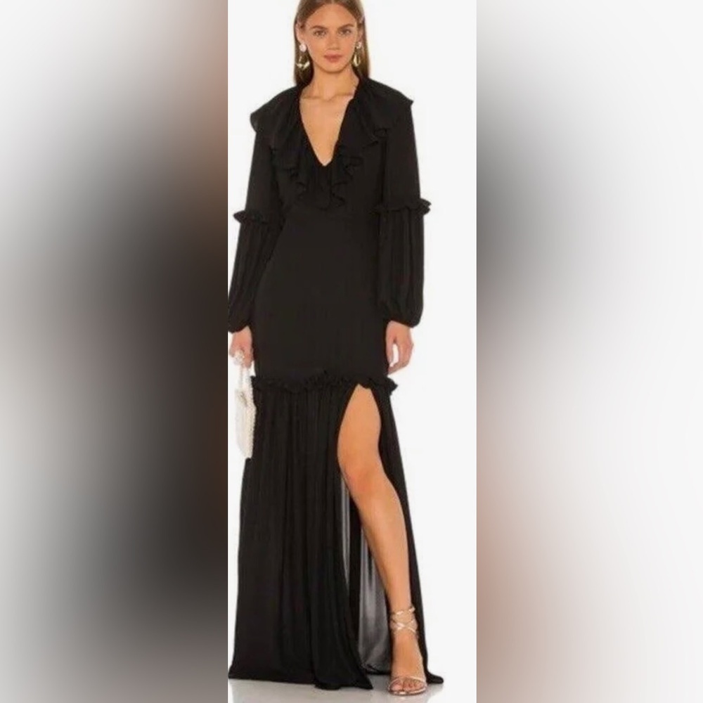 Amanda Uprichard Black Ruffled V-Neck Maxi Dress with High Slit